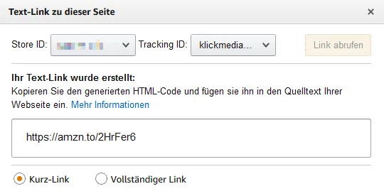German Amazon PartnerNet dialog showing a short amzn.to partner link