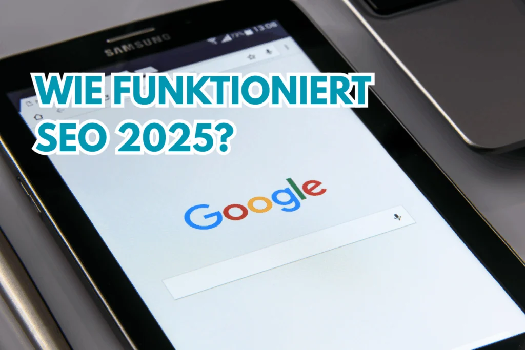 Grafik zum Thema SEO mit Suchleiste, Ranking-Symbolen und KI-Elementen