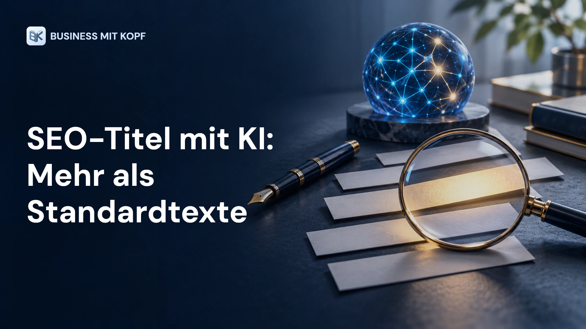 Stift, KI-Symbol und ausgewählte Titelstreifen. Titel: SEO-Titel mit KI: Mehr als Standardtexte.