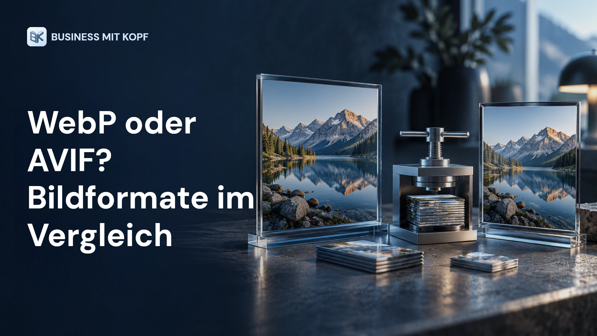 Zwei Bilddateien und ein Komprimierungsregler. Titel: WebP oder AVIF? Bildformate im Vergleich.