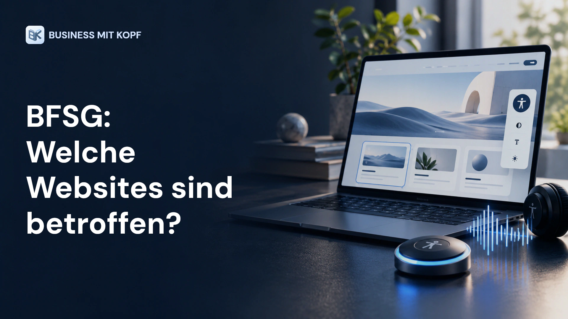 Laptop, Tastatur und Symbole für Barrierefreiheit. Titel: BFSG: Welche Websites sind betroffen?.