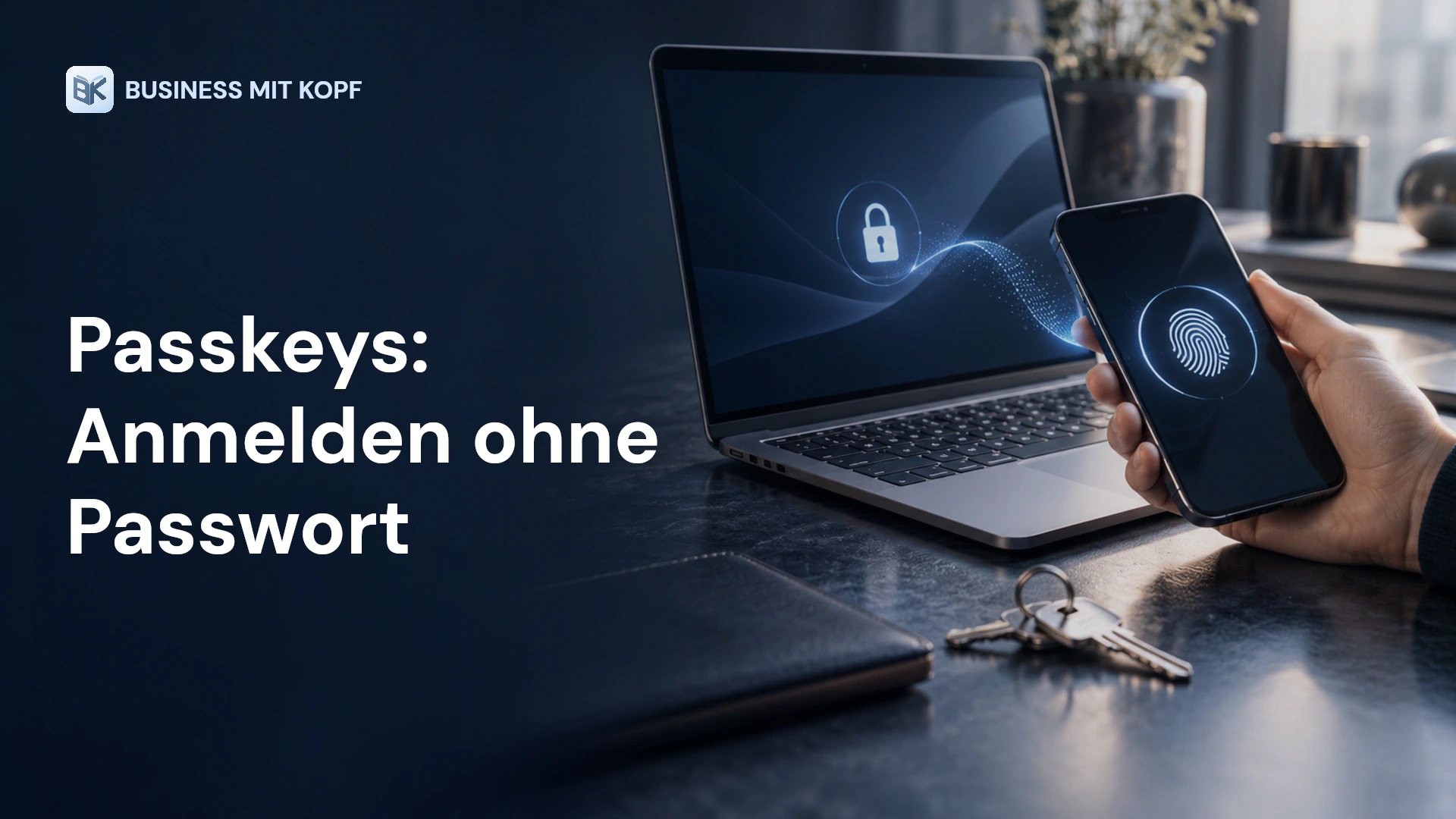 Smartphone mit Fingerabdruck und freigeschalteter Laptop. Titel: Passkeys: Anmelden ohne Passwort.