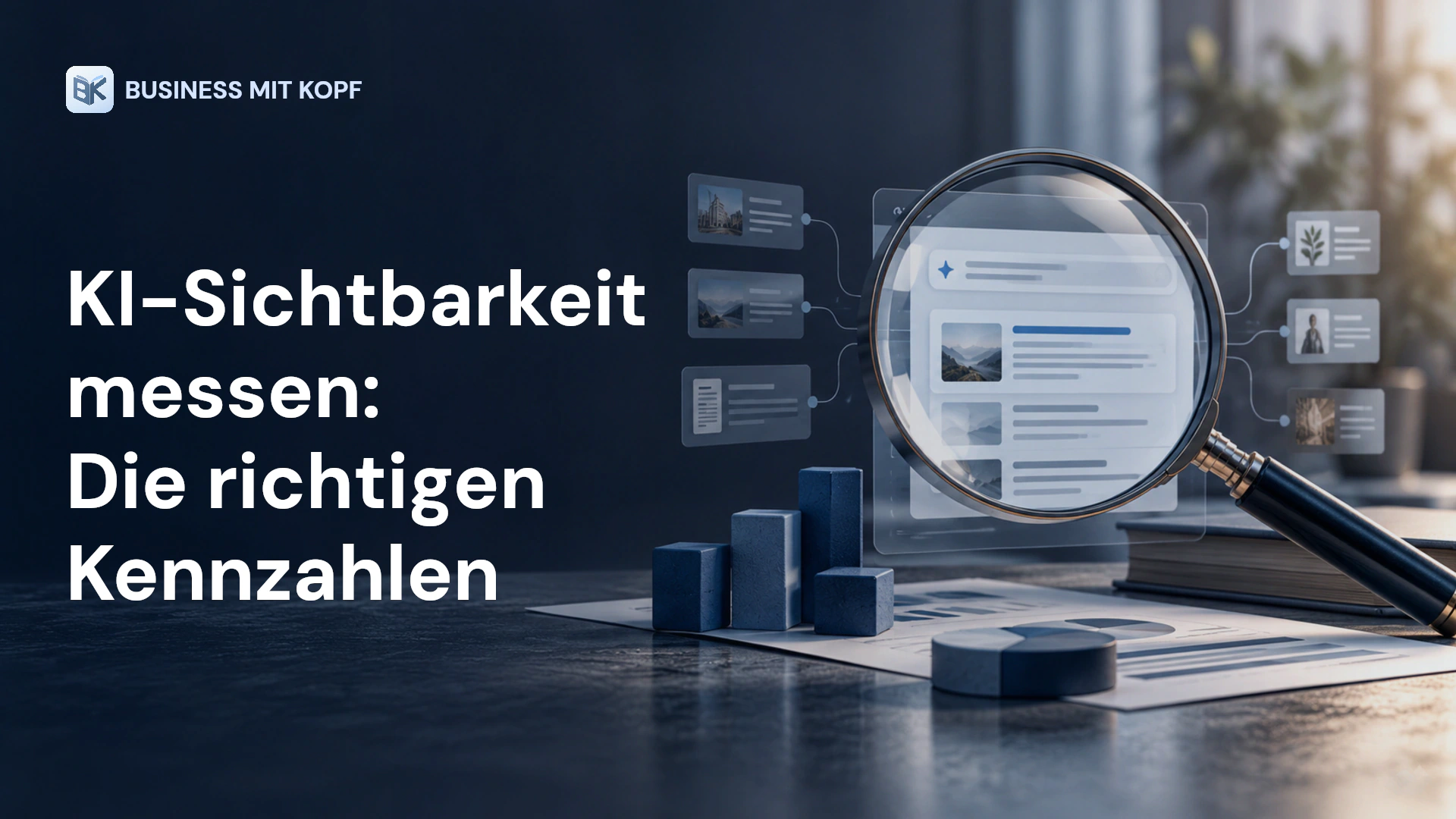 Lupe, Quellenkarten und Analyse-Dashboard. Titel: KI-Sichtbarkeit messen: Die richtigen Kennzahlen.