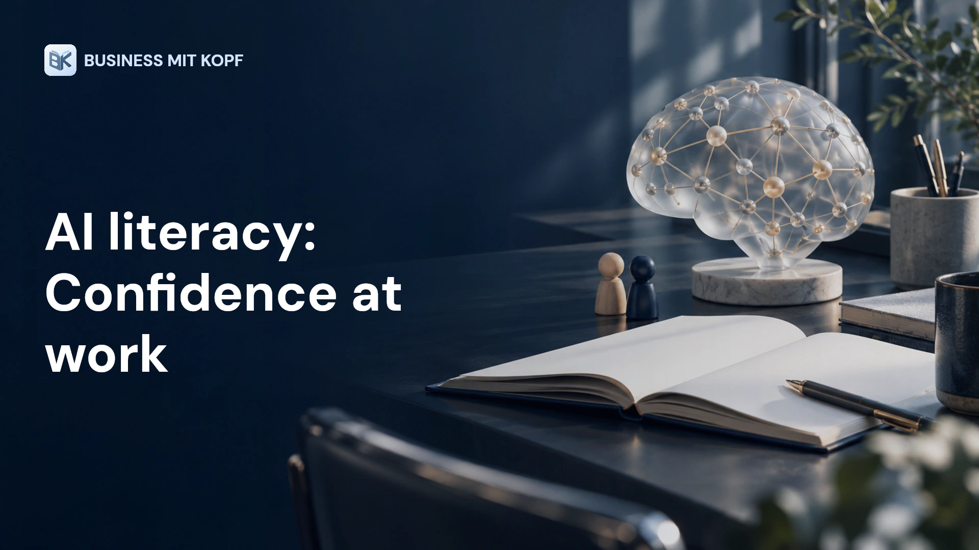 Workbook and AI network on a training desk. Title: AI literacy: Confidence at work.