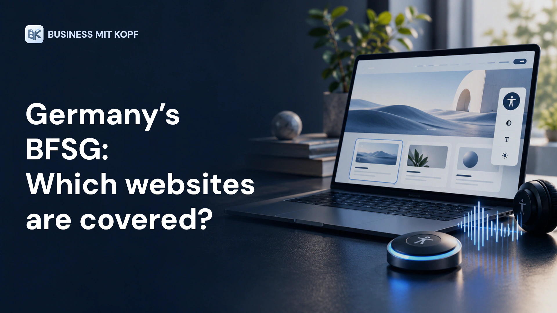 Laptop, keyboard and accessibility symbols. Title: Germany’s BFSG: Which websites are covered?.