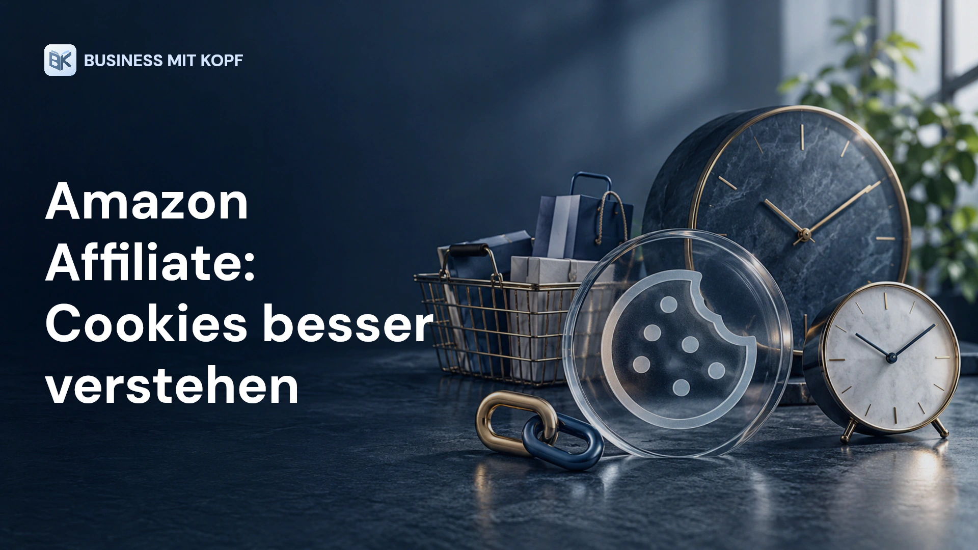 Cookie-Symbol, Warenkorb und zwei Uhren. Titel: Amazon Affiliate: Cookies besser verstehen.