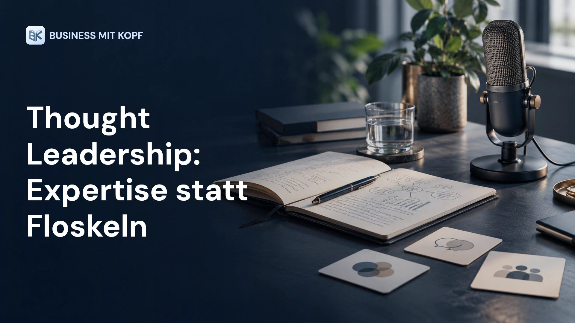 Fachnotizbuch, Mikrofon und Gesprächskarten. Titel: Thought Leadership: Expertise statt Floskeln.