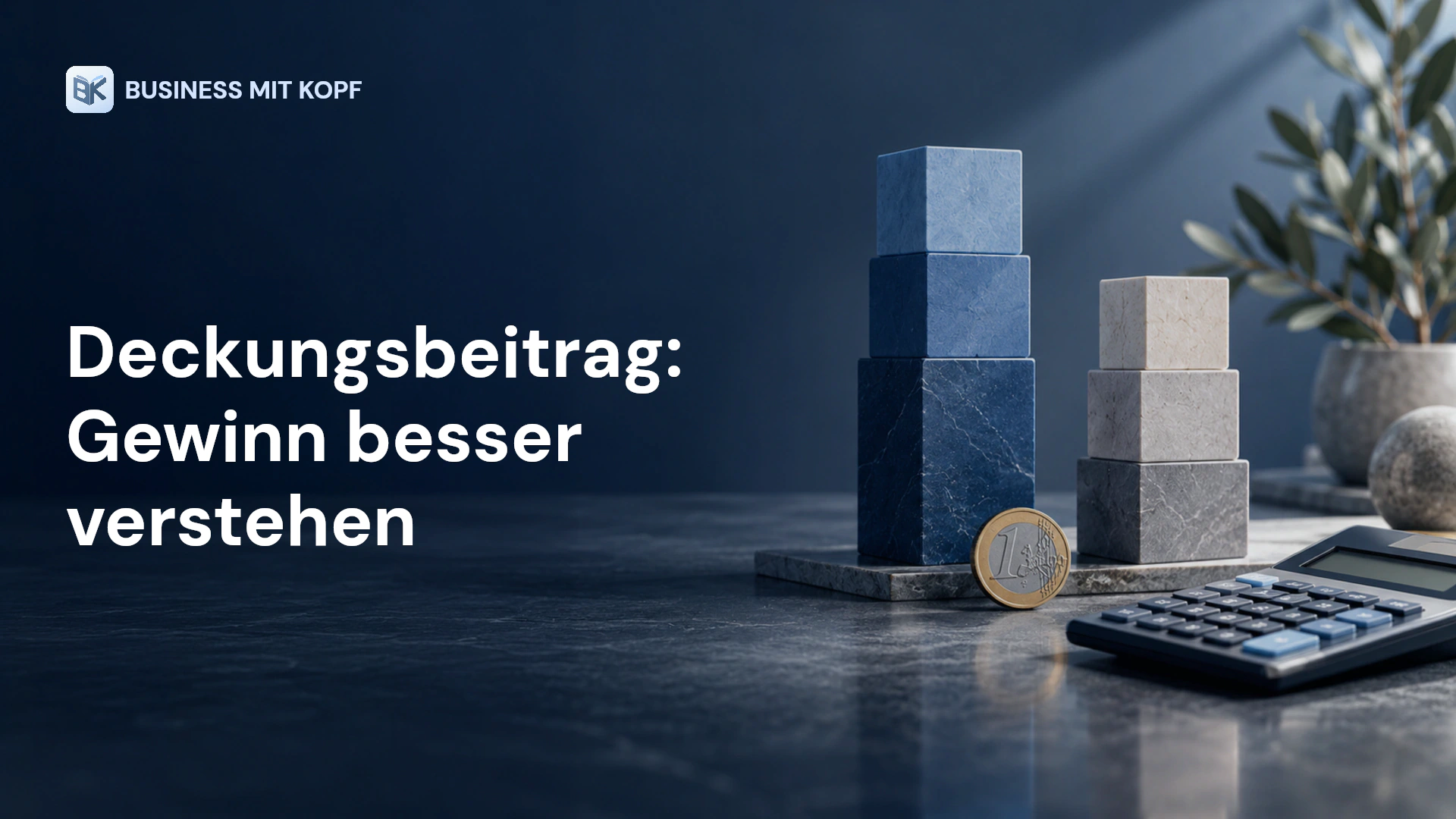 Taschenrechner, Kostenblöcke und Münze. Titel: Deckungsbeitrag: Gewinn besser verstehen.