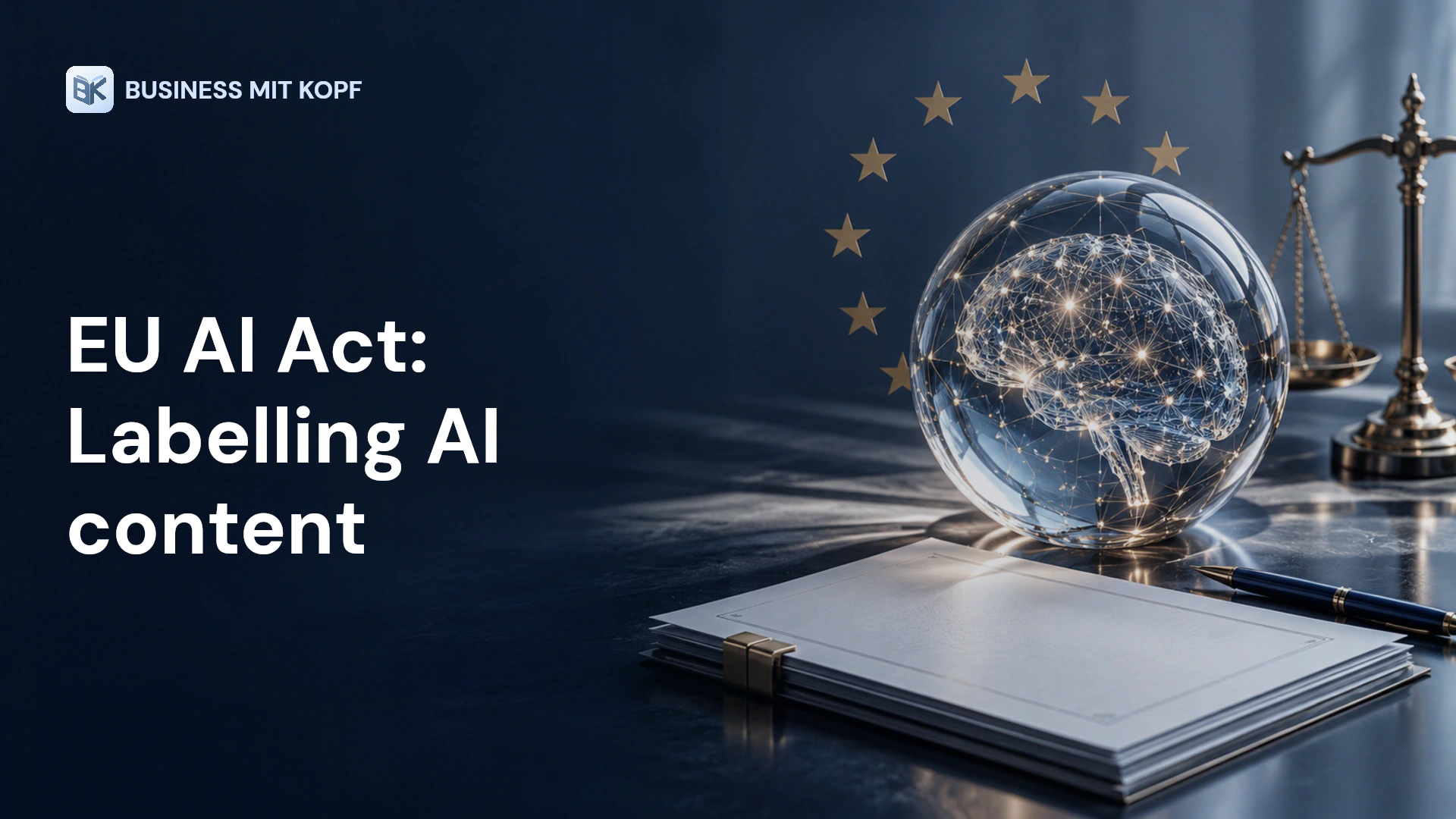 Glass AI network, document and ring of stars. Title: EU AI Act: Labelling AI content.