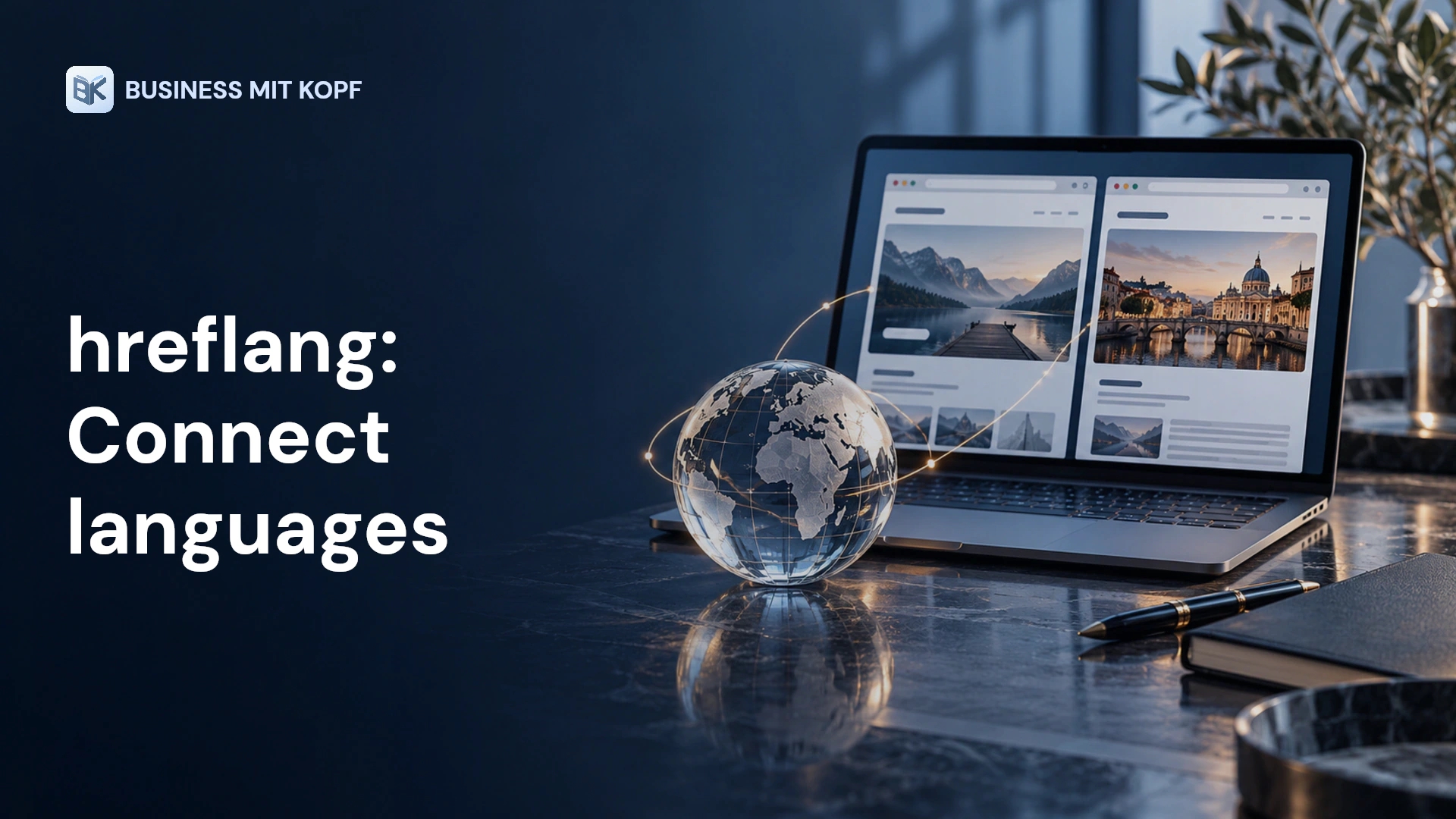 Connected web pages and a glass globe. Title: hreflang: Connect languages.
