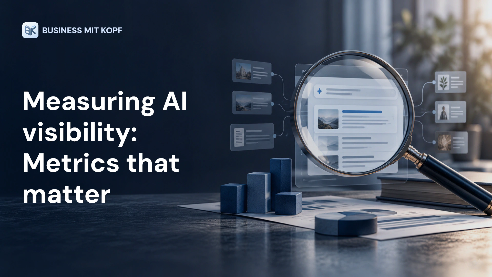 Magnifying glass, source cards and analytics dashboard. Title: Measuring AI visibility: Metrics that matter.
