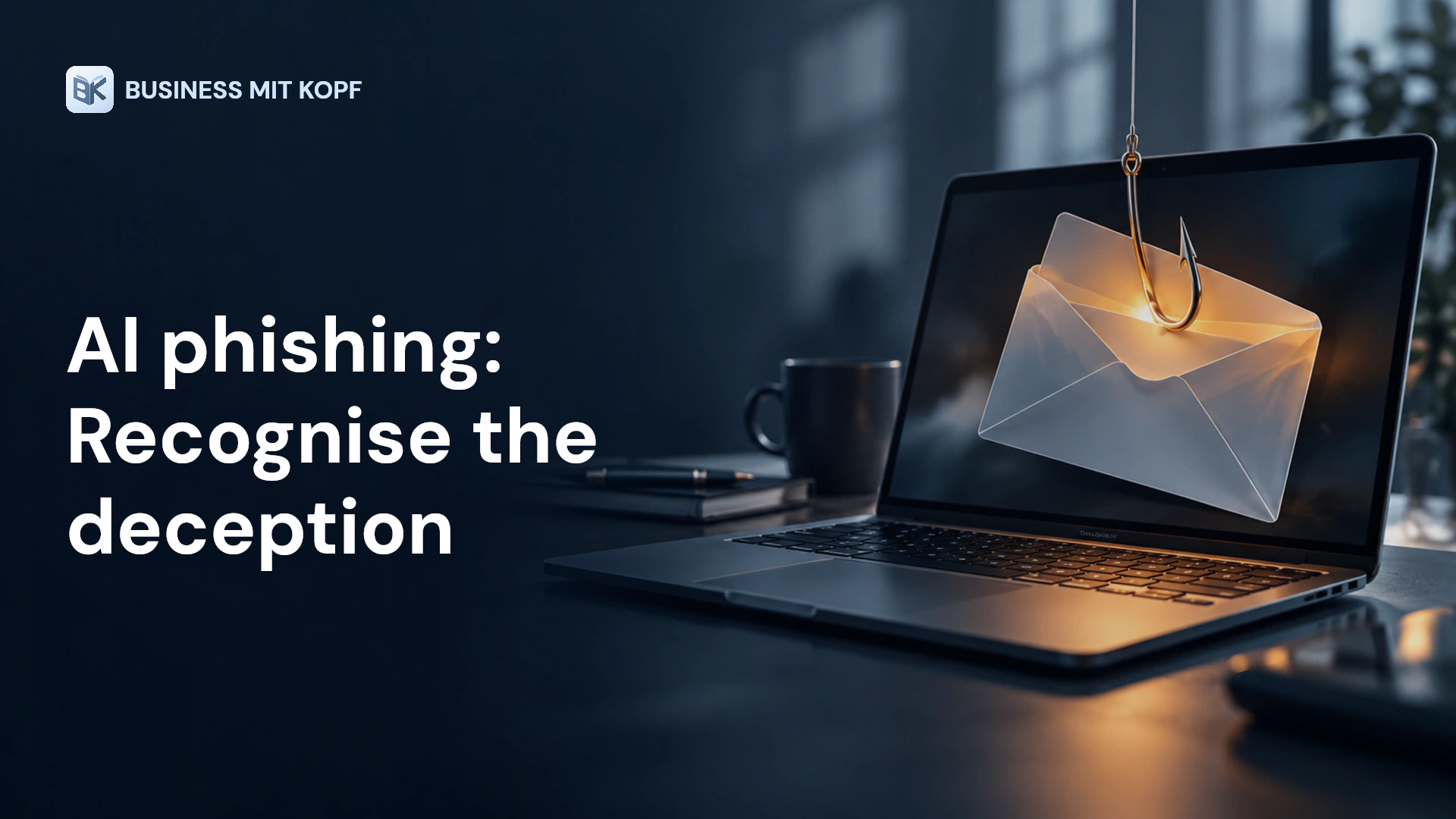 Laptop, email envelope and concealed hook. Title: AI phishing: Recognise the deception.