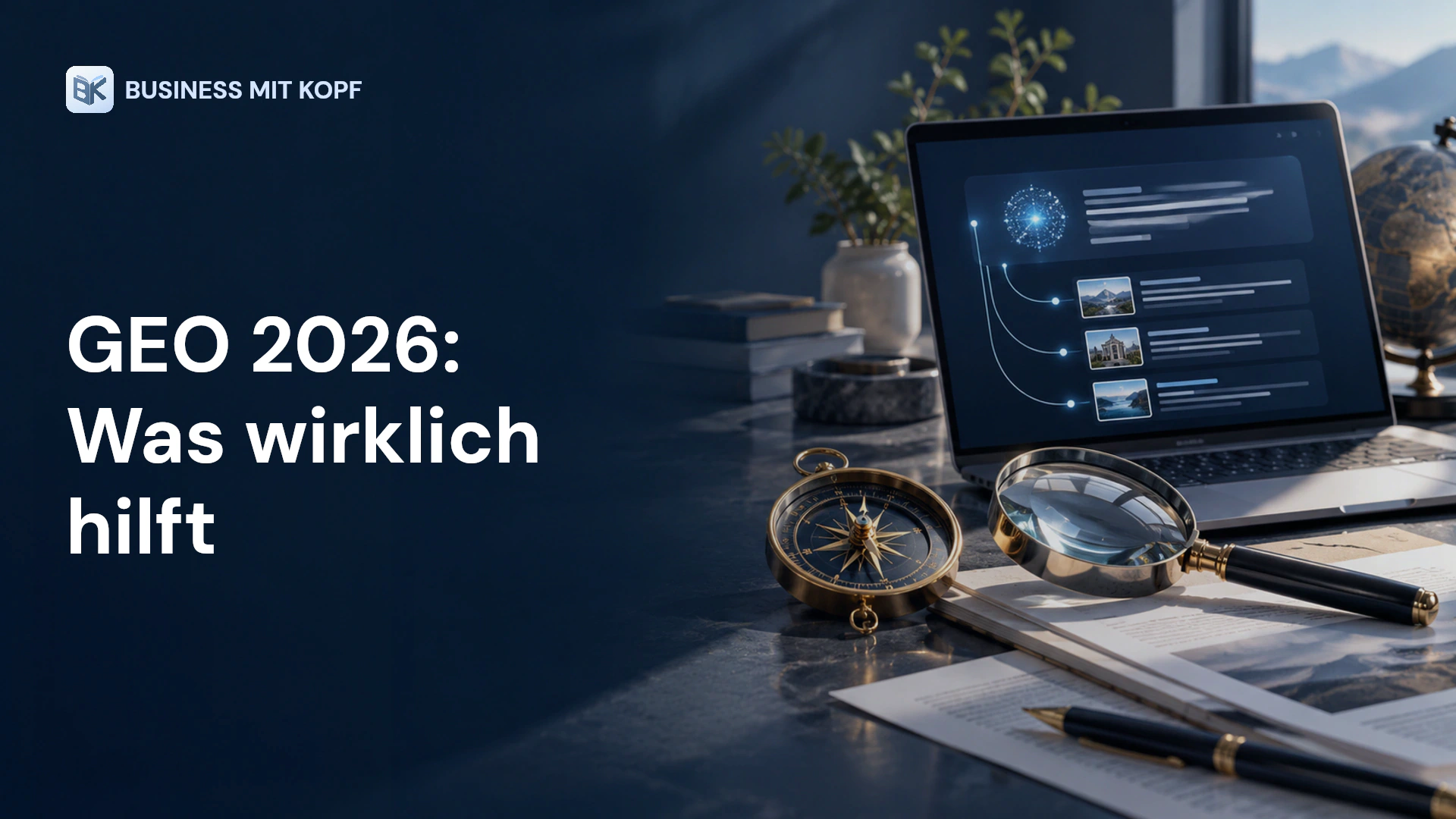 Kompass, Lupe und KI-Suchergebnis. Titel: GEO 2026: Was wirklich hilft.