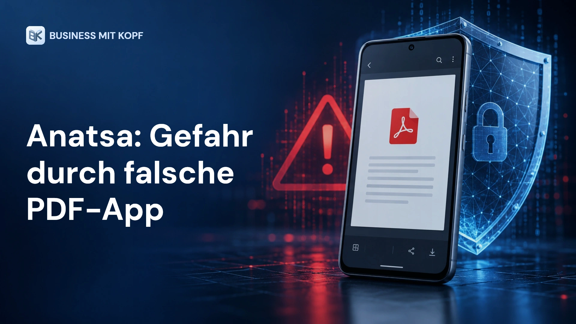 Symbolbild: Android-Smartphone mit PDF-Dokument, rotem Warnzeichen und digitalem Sicherheitsschild vor dunkelblauem Hintergrund.