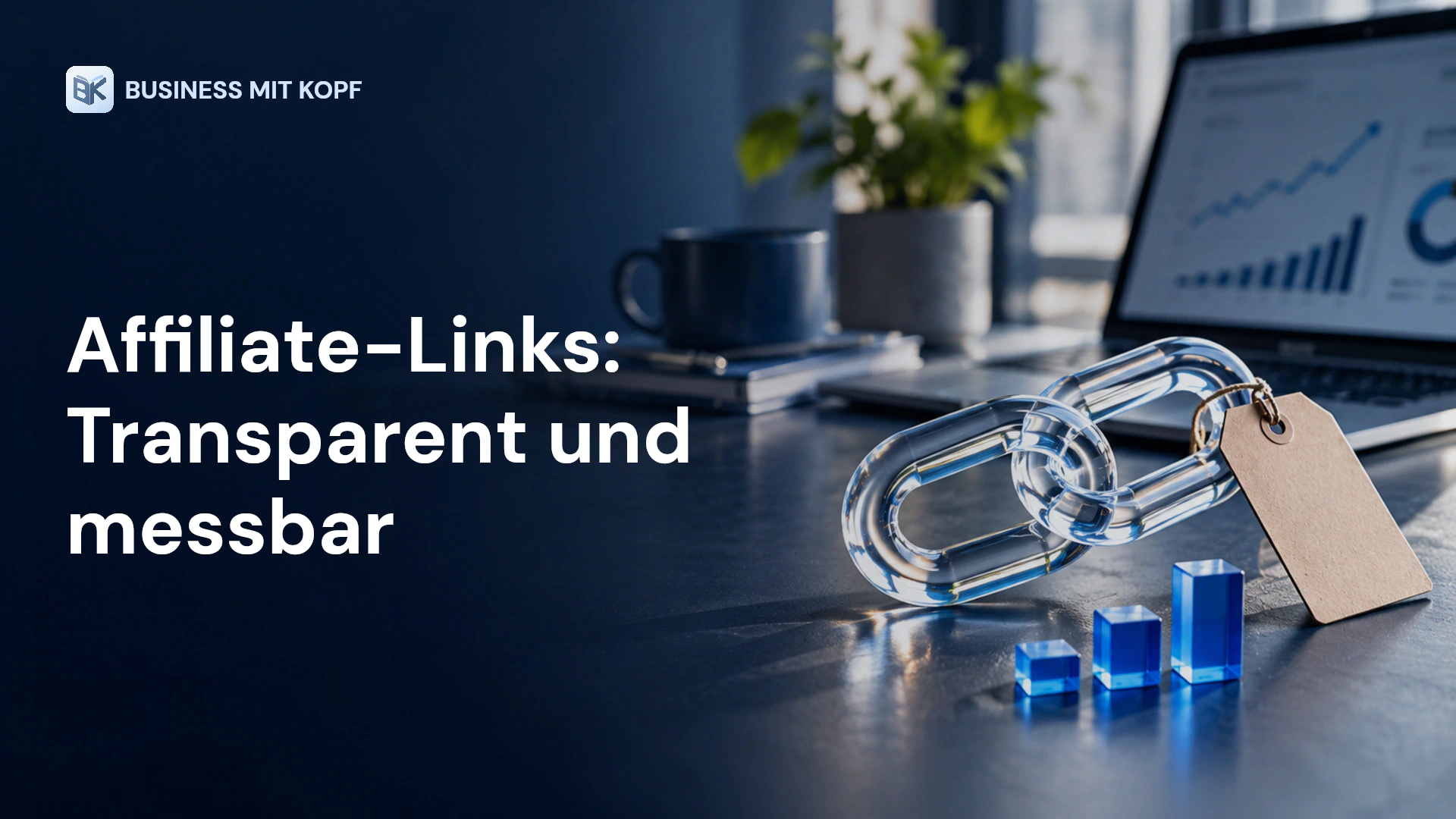 Durchsichtiges Kettenglied, Hinweisetikett und Klickblöcke. Titel: Affiliate-Links: Transparent und messbar.