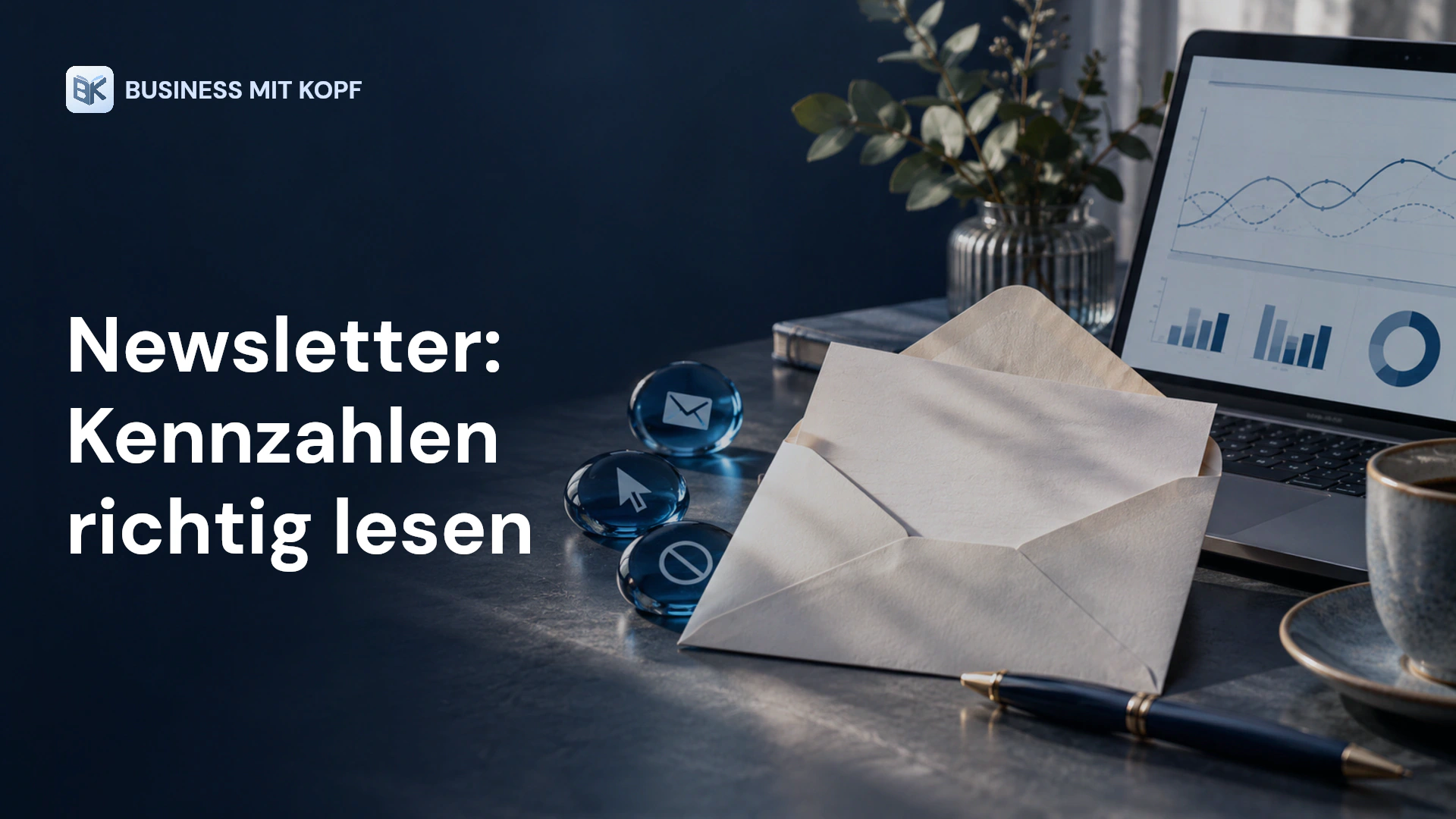 Briefumschlag, Klickmarkierungen und Kennzahlenansicht. Titel: Newsletter: Kennzahlen richtig lesen.