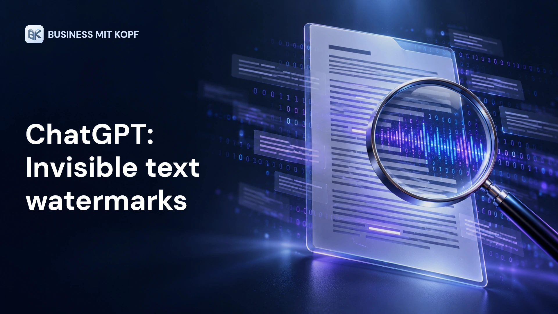 Concept illustration of a digital text editor with floating lines and a magnifying glass revealing a hidden signal in blue and violet.
