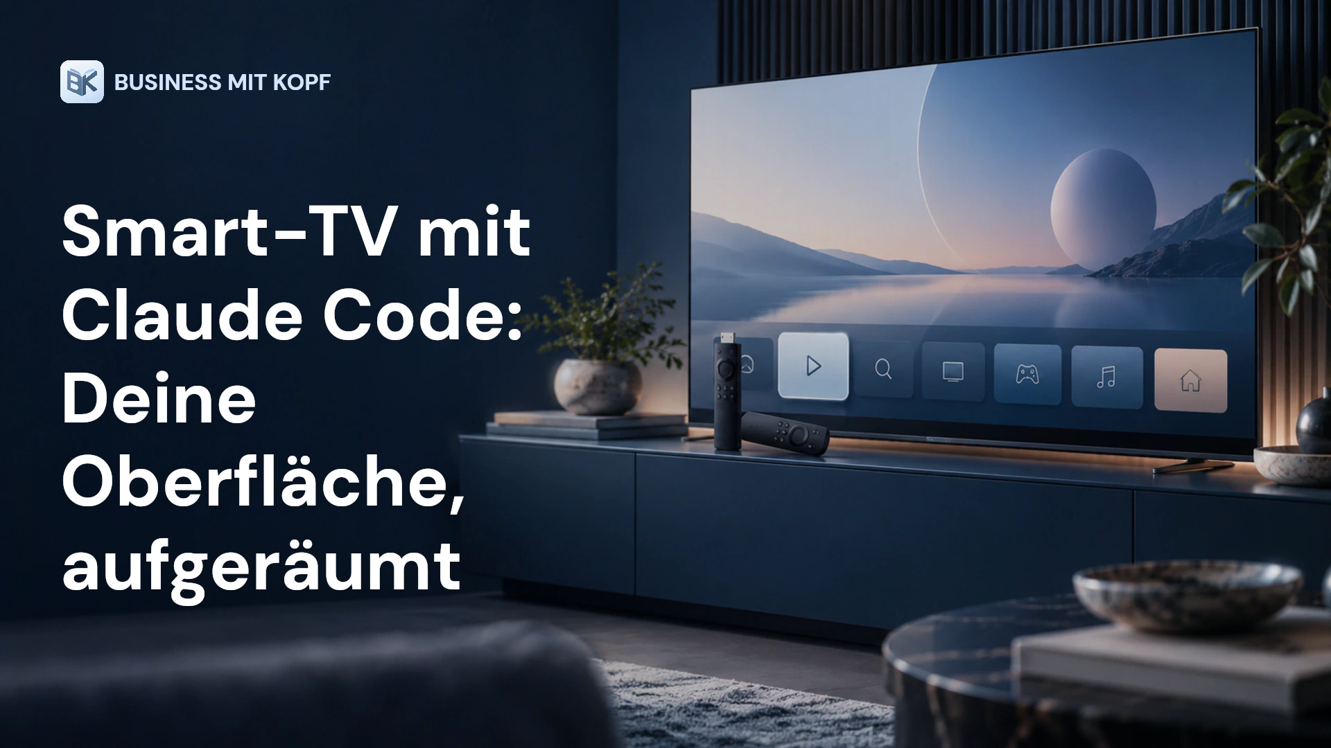 Fernseher mit aufgeräumter Oberfläche, Stick und Fernbedienung. Titel: Smart-TV mit Claude Code: Deine Oberfläche, aufgeräumt.