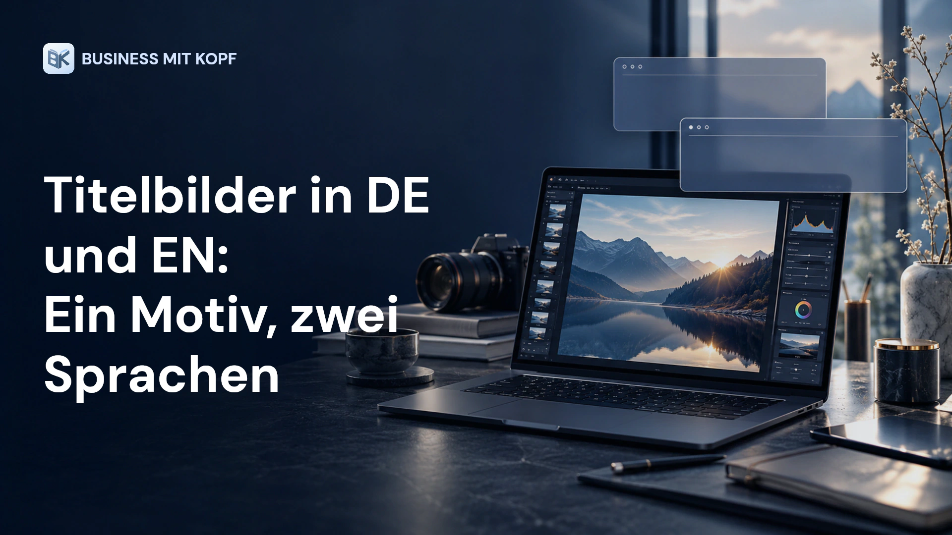 Bildeditor mit gemeinsamem Motiv und getrennten Textebenen. Titel: Titelbilder in DE und EN: Ein Motiv, zwei Sprachen.