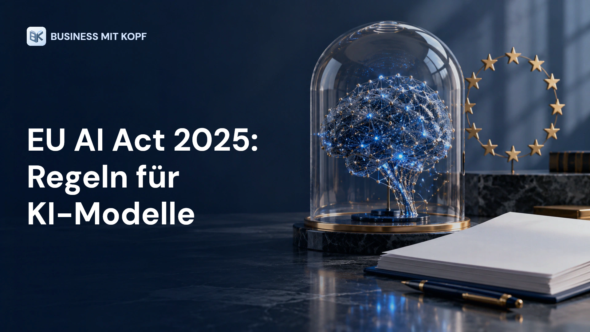 KI-Modell unter einer Glaskuppel mit Regelwerk. Titel: EU AI Act 2025: Regeln für KI-Modelle.
