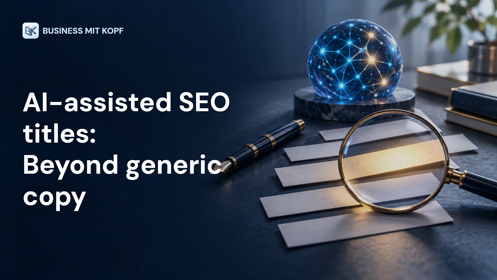 Pen, AI symbol and selected headline strips. Title: AI-assisted SEO titles: Beyond generic copy.