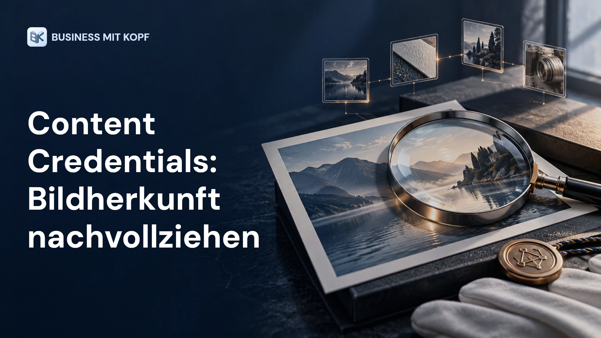 Fotoabzug, Prüflupe und Herkunftsnachweise. Titel: Content Credentials: Bildherkunft nachvollziehen.