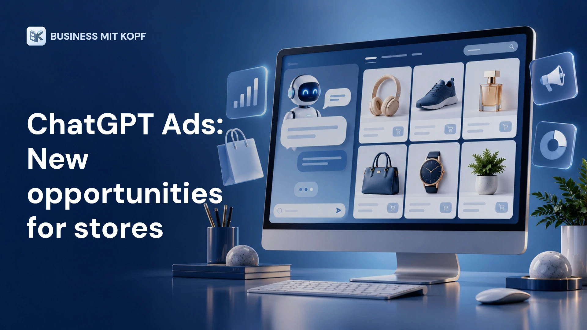 Concept illustration of a desktop monitor with a stylised AI chat, square product ads, and shopping and analytics symbols in BMK blue tones.