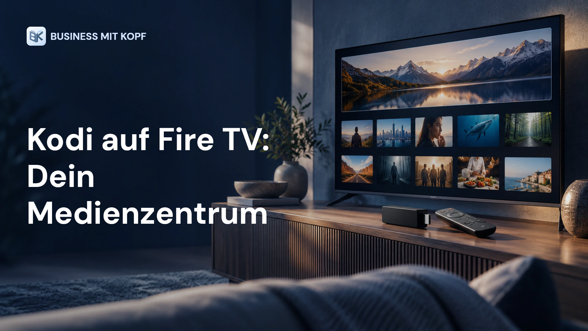 Fernseher, Streaming-Stick und Fernbedienung. Titel: Kodi auf Fire TV: Dein Medienzentrum.