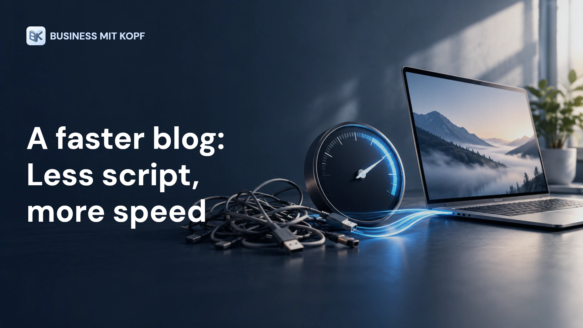 Laptop, performance gauge and reduced script connections. Title: A faster blog: Less script, more speed.