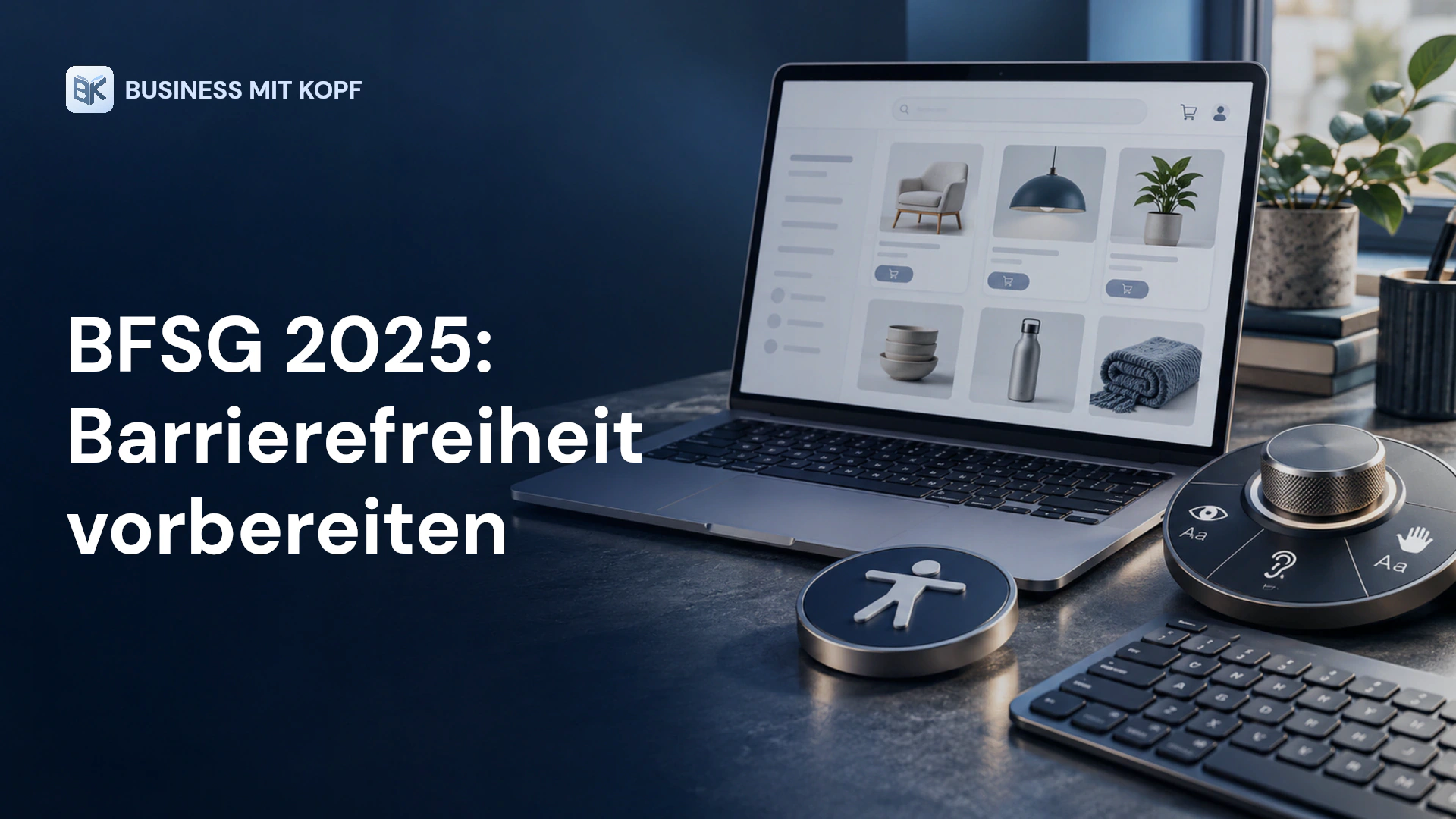 Laptop-Shop, Tastatur und Barrierefreiheits-Symbol. Titel: BFSG 2025: Barrierefreiheit vorbereiten.