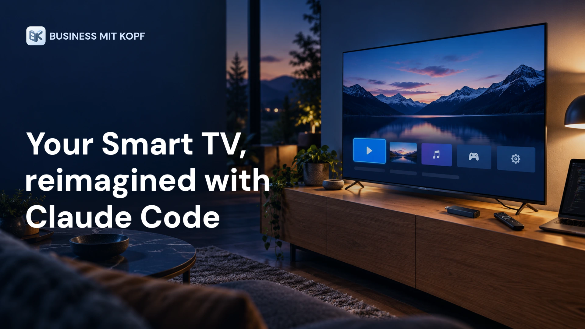 Smart TV with a clean home screen, remote and streaming stick. Title: Your Smart TV, reimagined with Claude Code.
