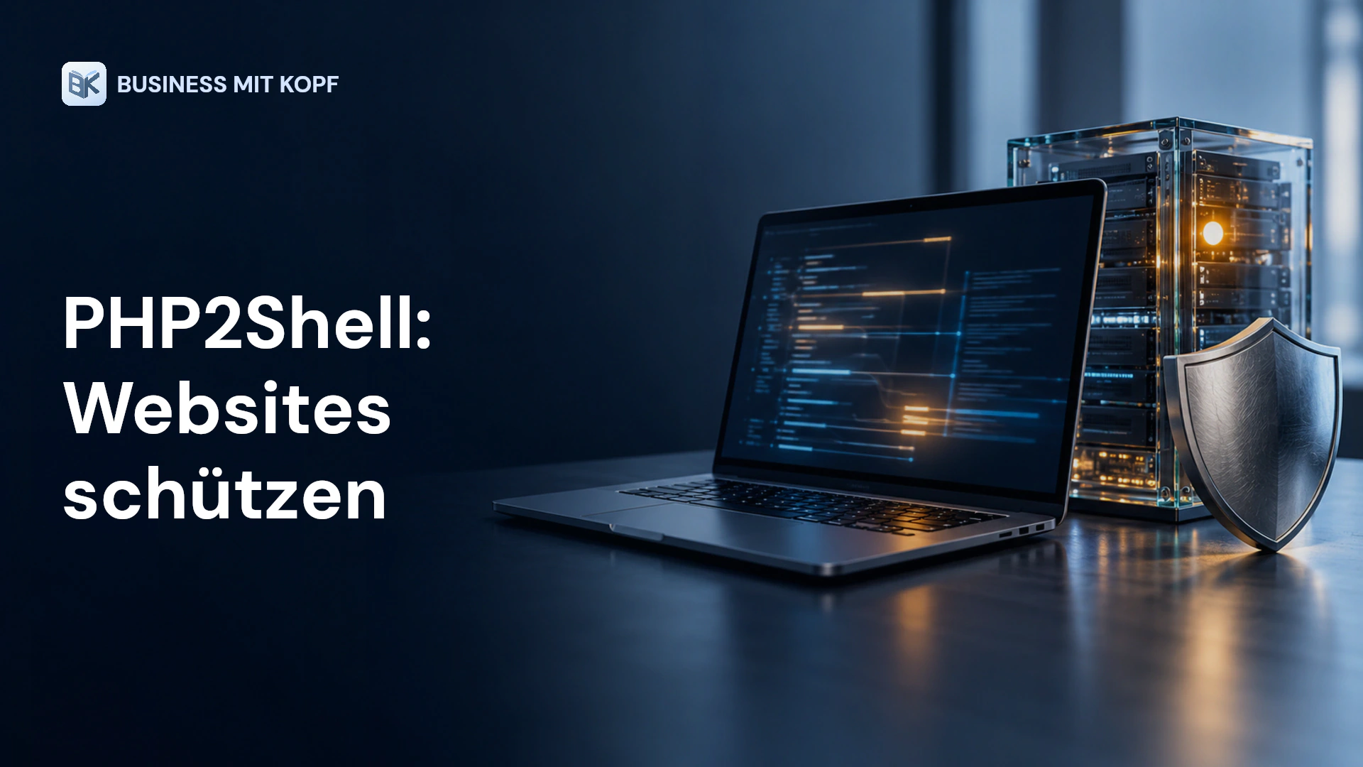 Laptop, Server und Schutzschild. Titel: PHP2Shell: Websites schützen.