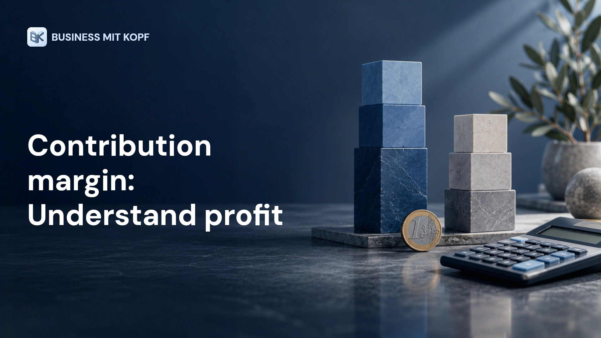 Calculator, cost blocks and a coin. Title: Contribution margin: Understand profit.
