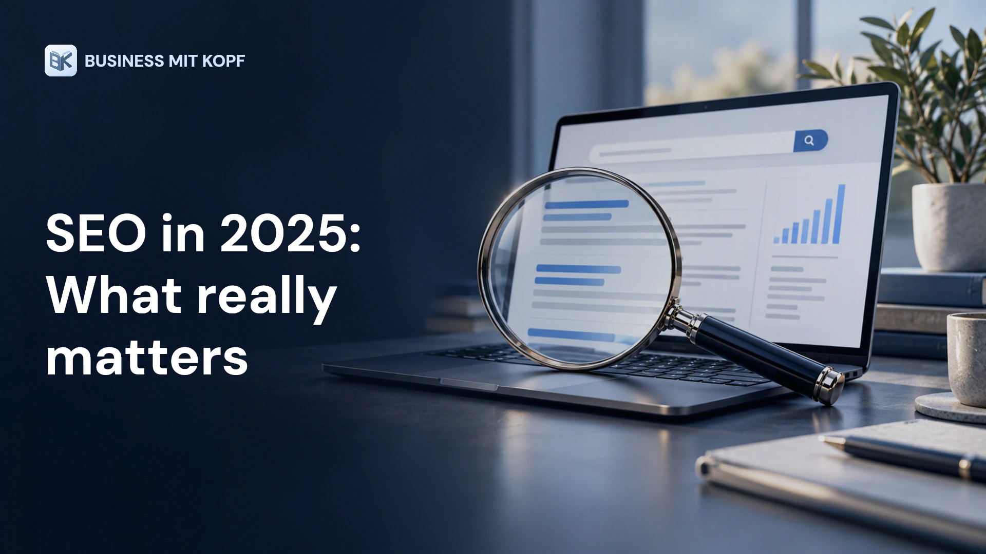Magnifying glass, search interface and rising signal. Title: SEO in 2025: What really matters.