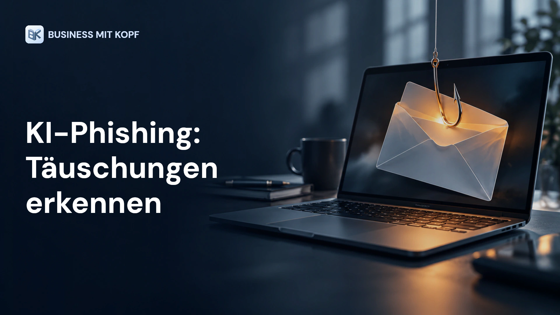 Laptop, E-Mail-Umschlag und verborgener Haken. Titel: KI-Phishing: Täuschungen erkennen.