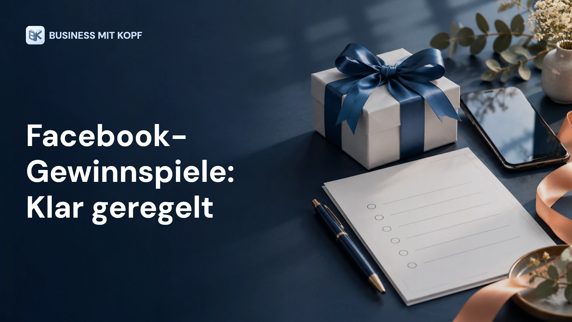 Geschenkbox, Smartphone und Regelwerk. Titel: Facebook- Gewinnspiele: Klar geregelt.