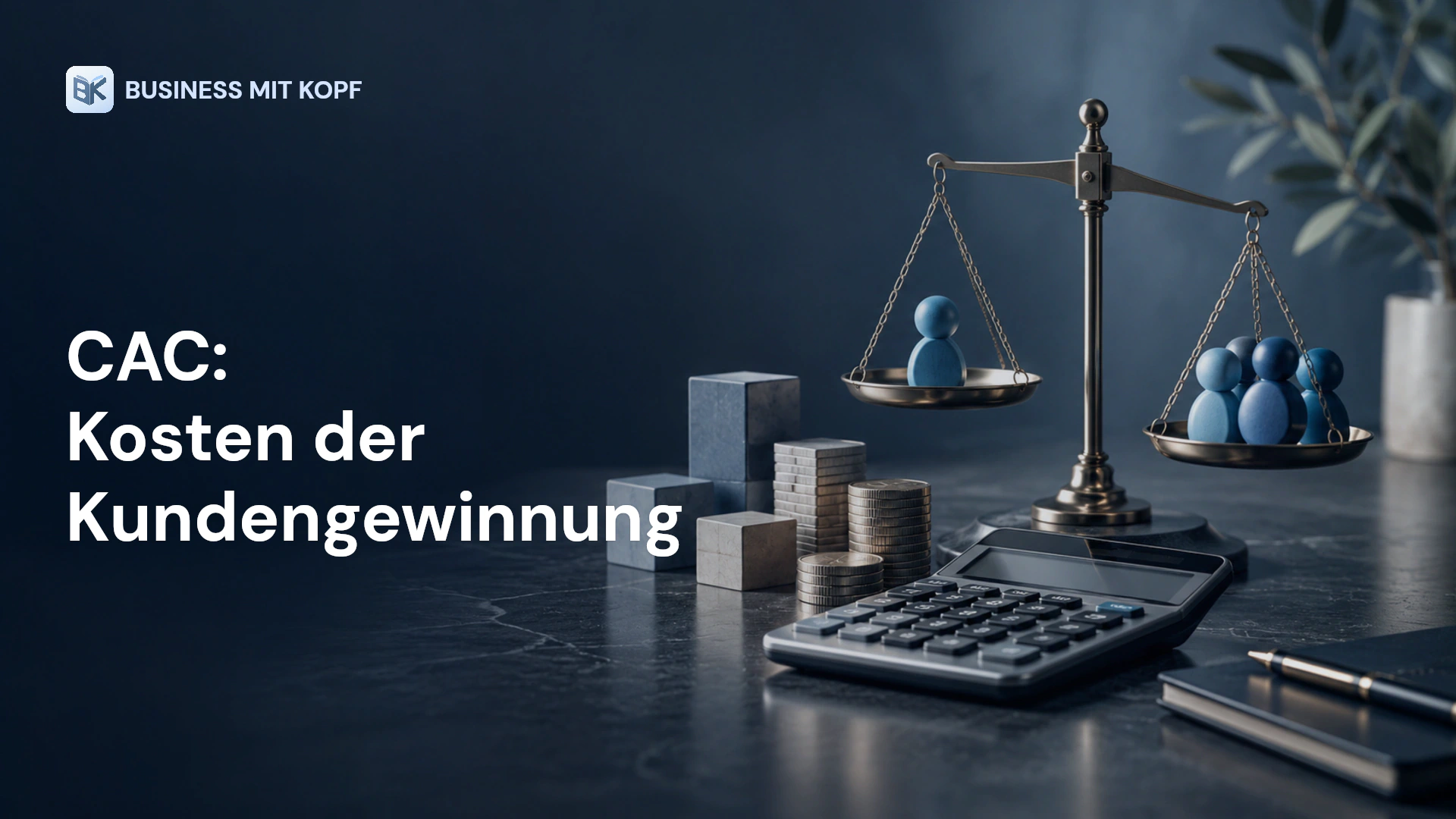Taschenrechner, Kundensymbol und Kostenblöcke. Titel: CAC: Kosten der Kundengewinnung.