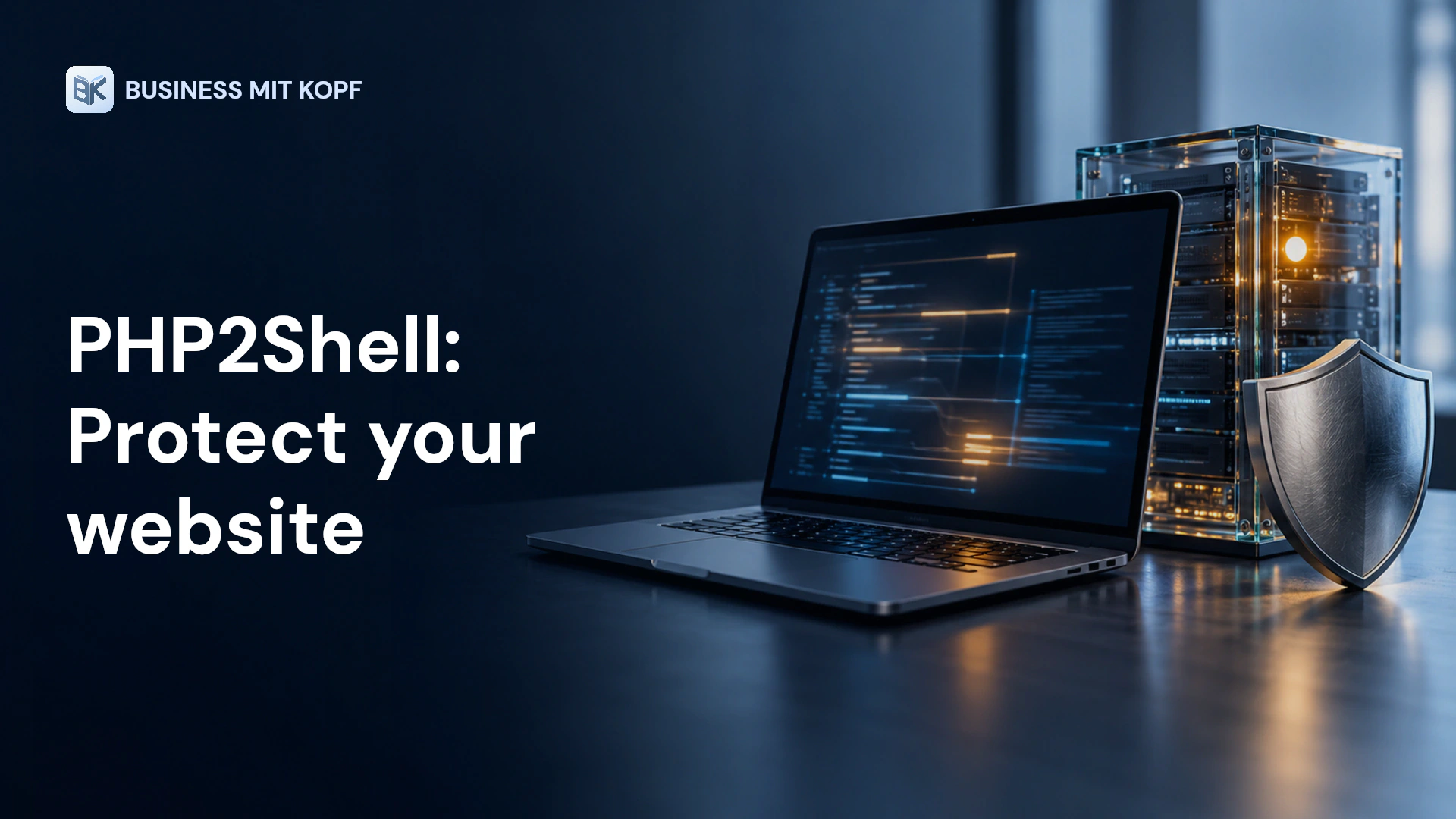 Laptop, server and protective shield. Title: PHP2Shell: Protect your website.