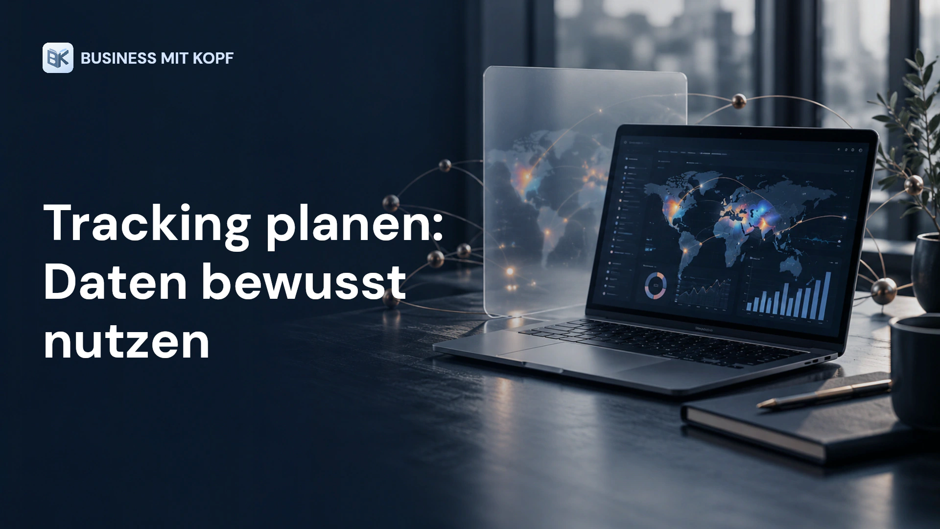 Analyseoberfläche, Heatmap und Datenschutzschild. Titel: Tracking planen: Daten bewusst nutzen.