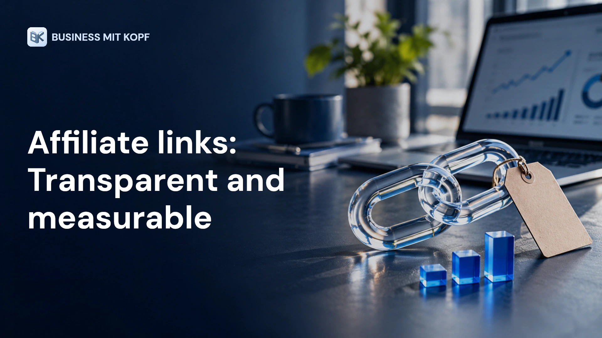 Transparent chain link, disclosure tag and click blocks. Title: Affiliate links: Transparent and measurable.