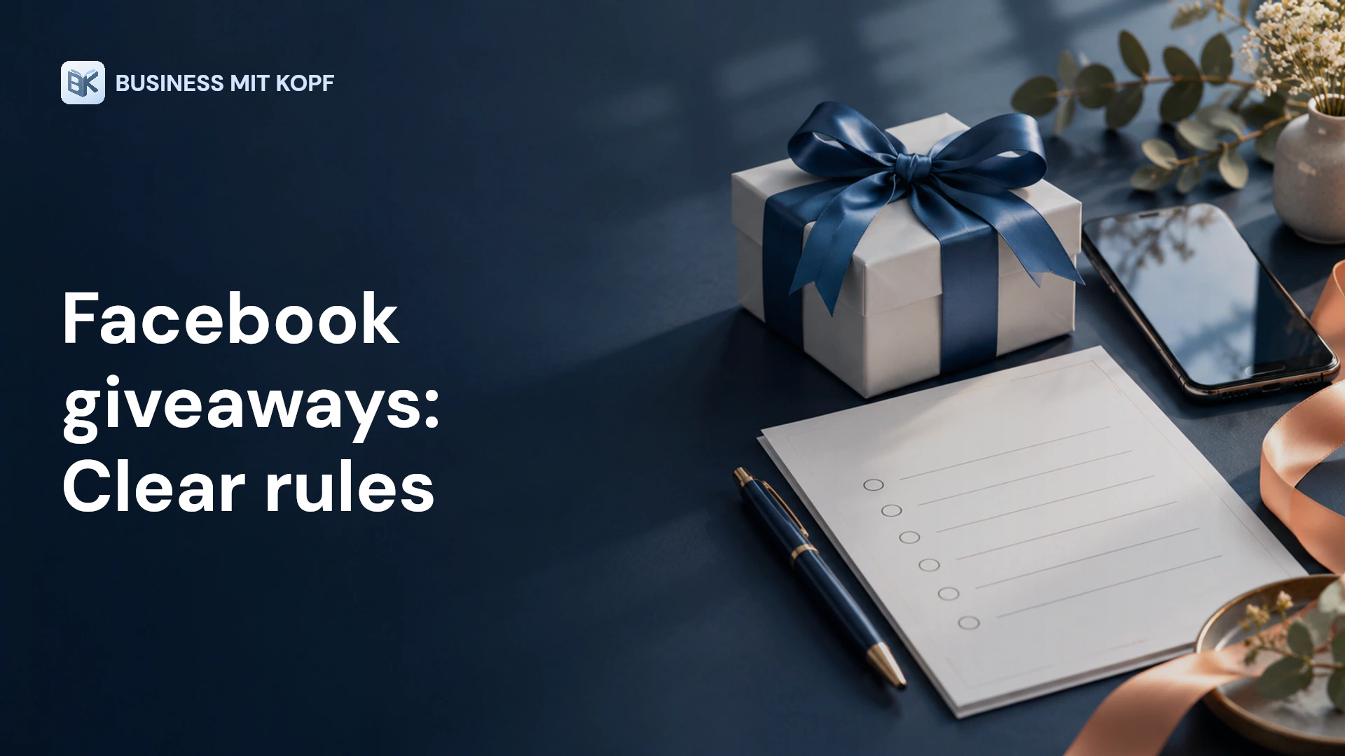 Gift box, smartphone and rules document. Title: Facebook giveaways: Clear rules.