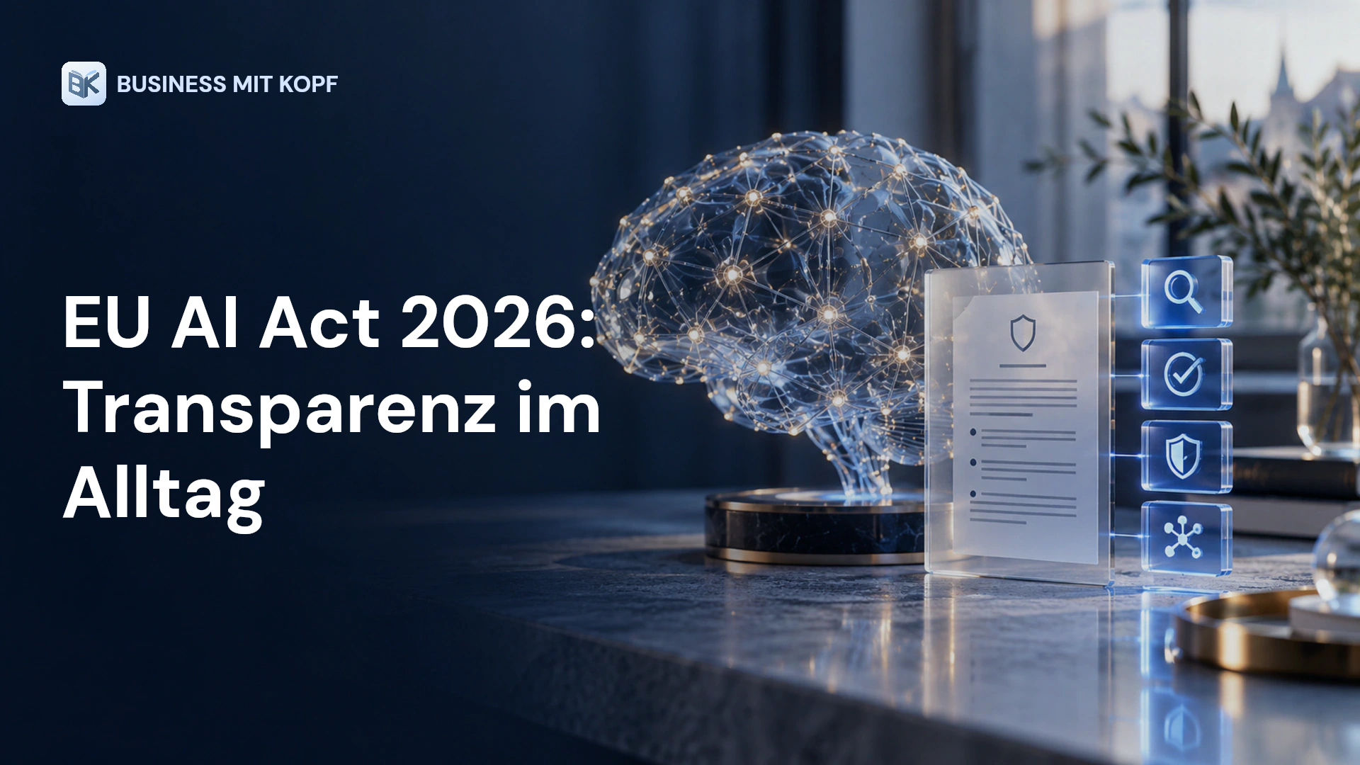 KI-Netzwerk, Hinweiskarte und Prüfmarkierungen. Titel: EU AI Act 2026: Transparenz im Alltag.