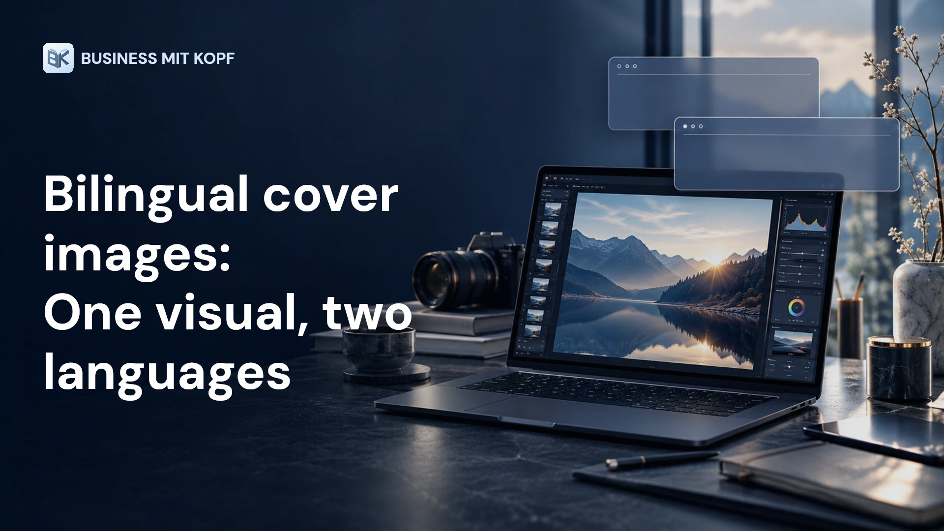 Image editor with a shared visual and separate text layers. Title: Bilingual cover images: One visual, two languages.