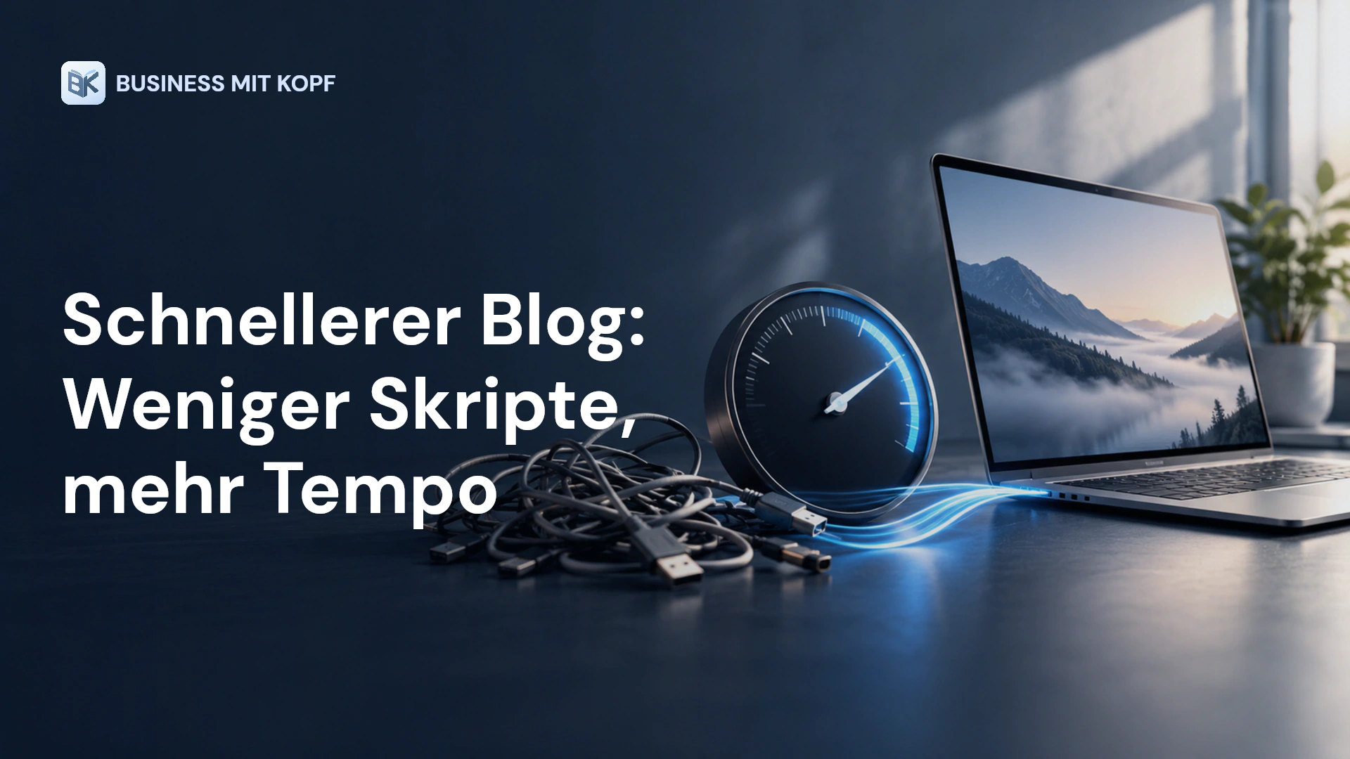 Laptop, Leistungsanzeige und reduzierte Skript-Verbindungen. Titel: Schnellerer Blog: Weniger Skripte, mehr Tempo.