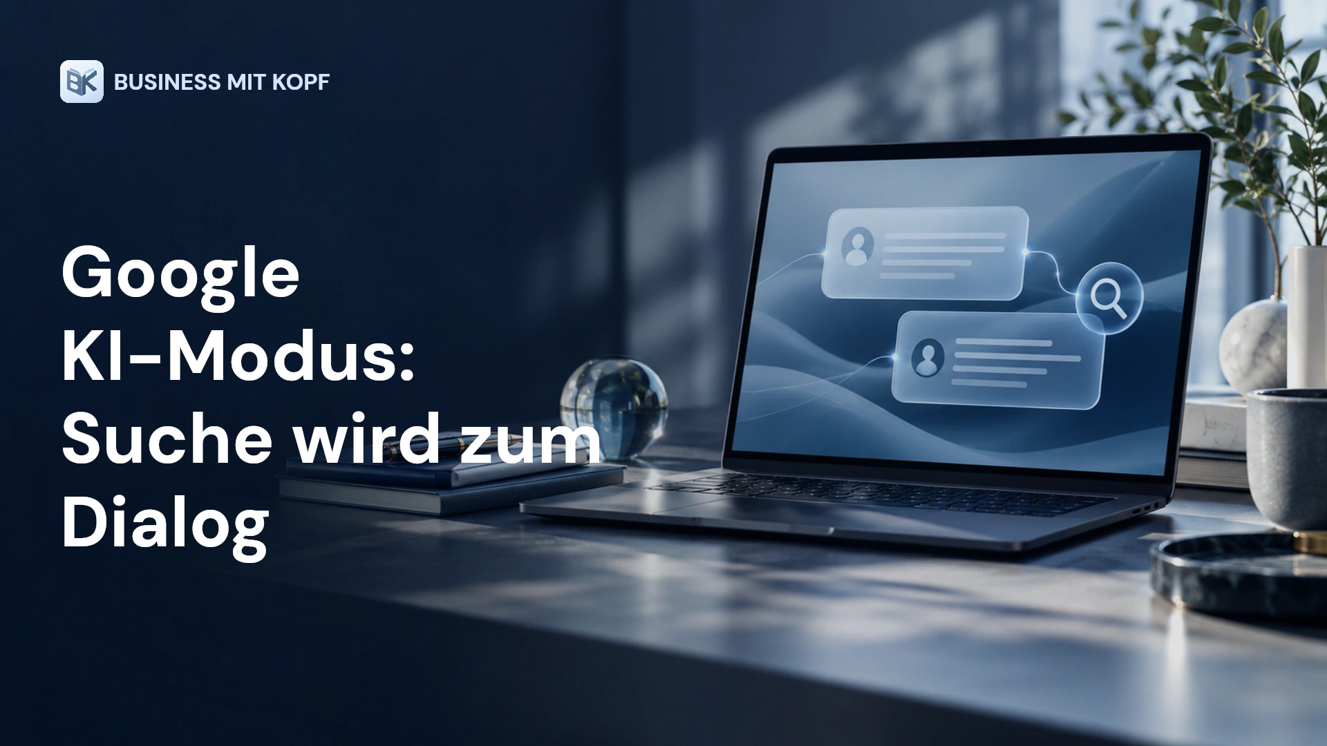 Laptop mit dialogartiger Suchoberfläche. Titel: Google KI-Modus: Suche wird zum Dialog.