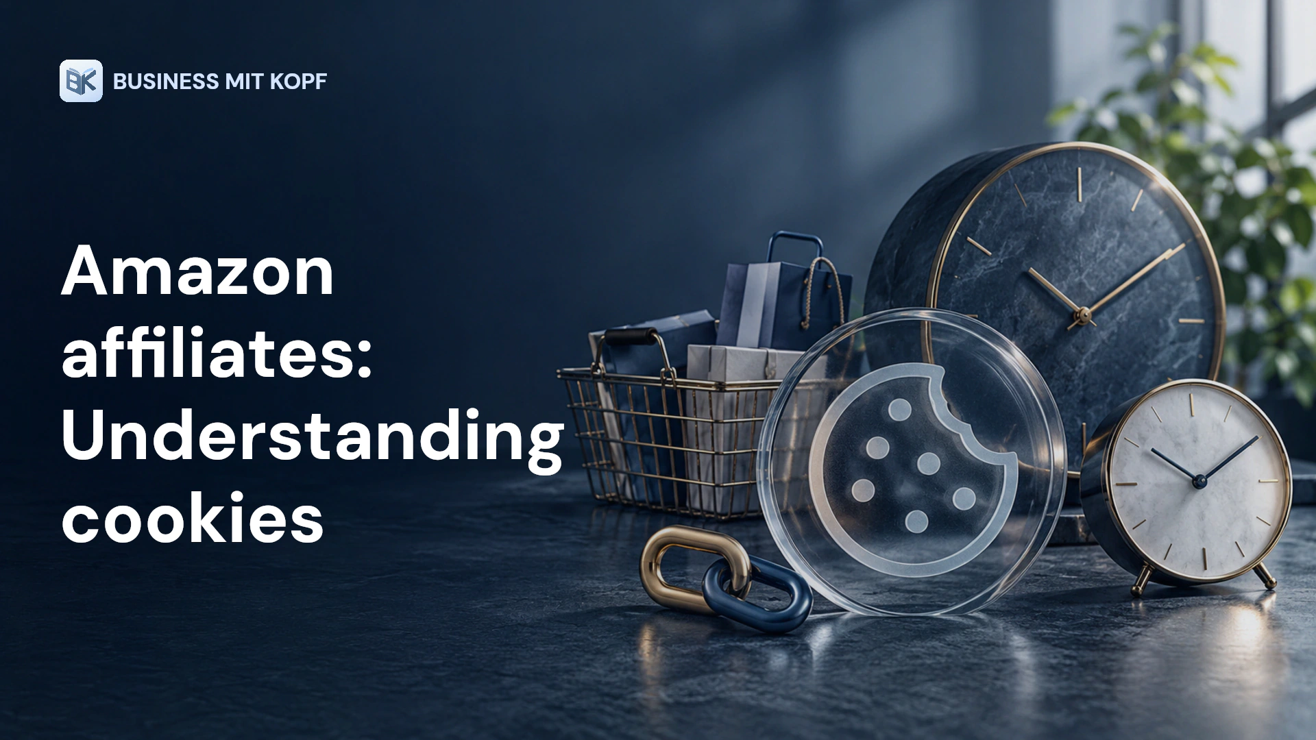 Cookie symbol, shopping basket and two clocks. Title: Amazon affiliates: Understanding cookies.