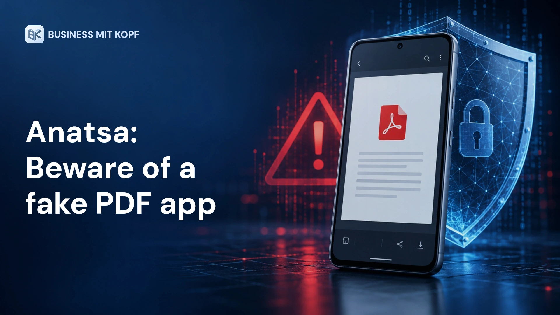 Illustration: Android-style smartphone with a PDF document, red warning sign and digital security shield on a dark blue background.