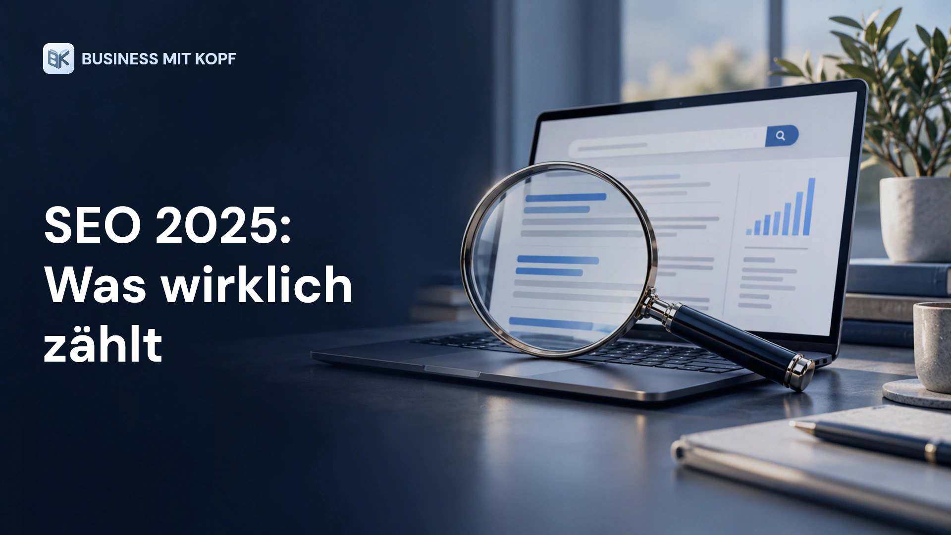 Lupe, Suchoberfläche und steigendes Signal. Titel: SEO 2025: Was wirklich zählt.