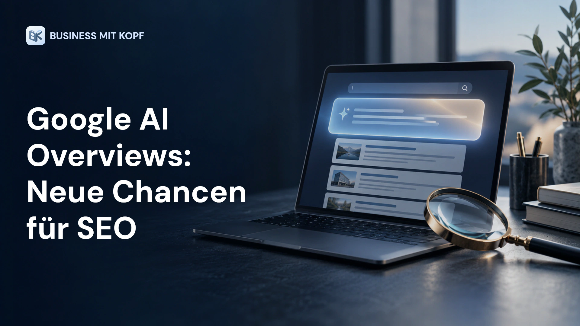 Laptop mit KI-Zusammenfassung und Suchtreffern. Titel: Google AI Overviews: Neue Chancen für SEO.