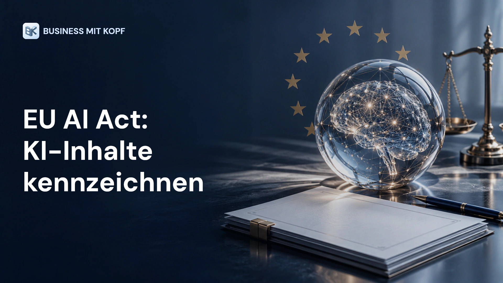 Gläsernes KI-Netzwerk, Dokument und Sternenring. Titel: EU AI Act: KI-Inhalte kennzeichnen.